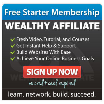 Blue banner with text "Free Starter Membership! Wealthy Affiliate. Fresh Video, Tutorial, and Courses. Get Instant Help & Support. Build Websites With Ease. Achieve Your Online Business Goals. Sign up now. No credit card required. Learn. Network. Build. Succeed.